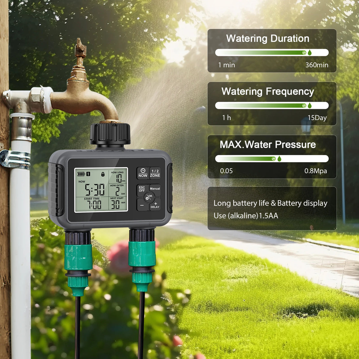 Lanriyuz Dual Zone Smart Garden Watering Timer With Mist Spray