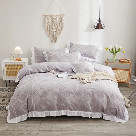 Luxo Premium Boho Flower Textured Ruffles Duvet Cover Set