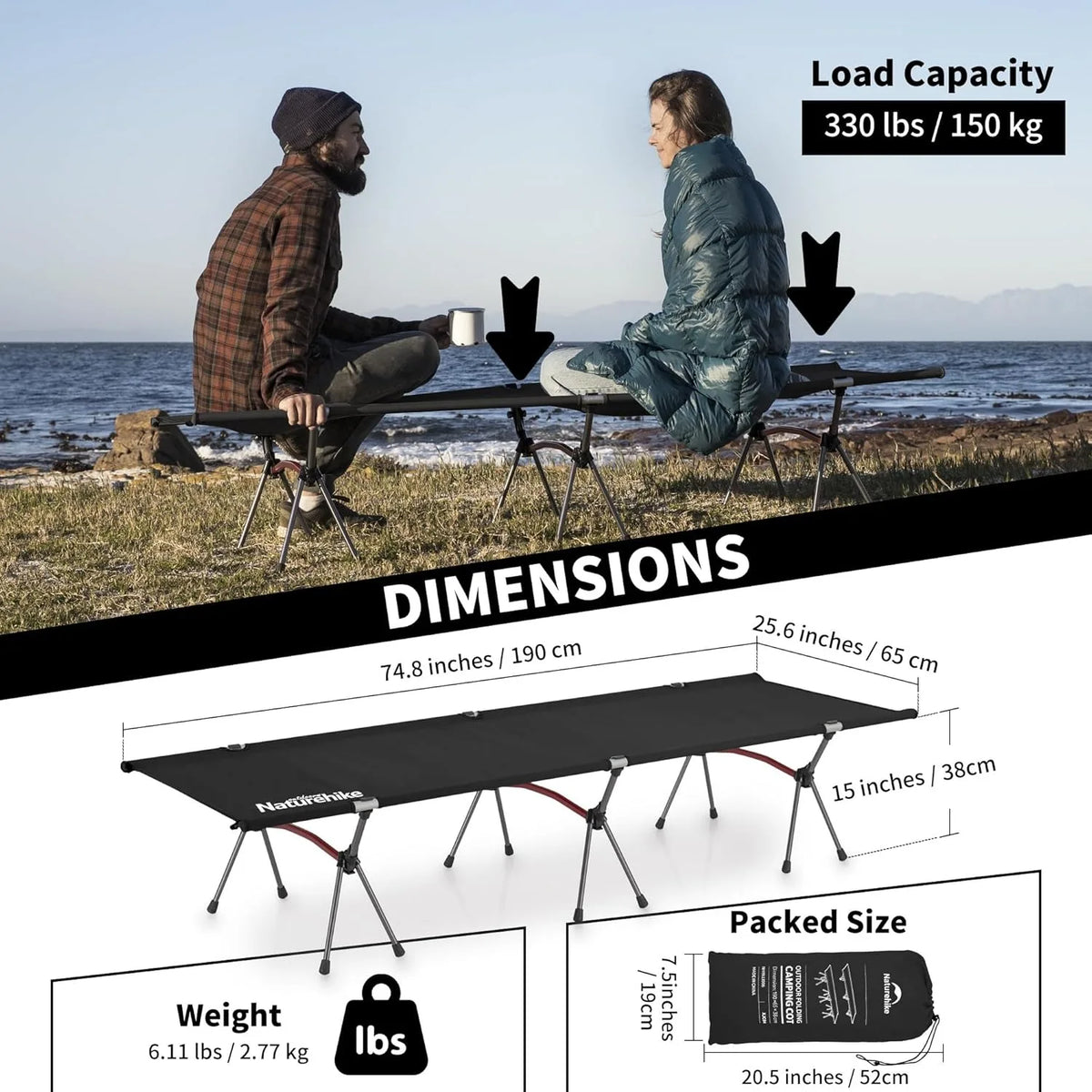 Naturehike Height Adjustable Folding Camping Cot Portable Bed