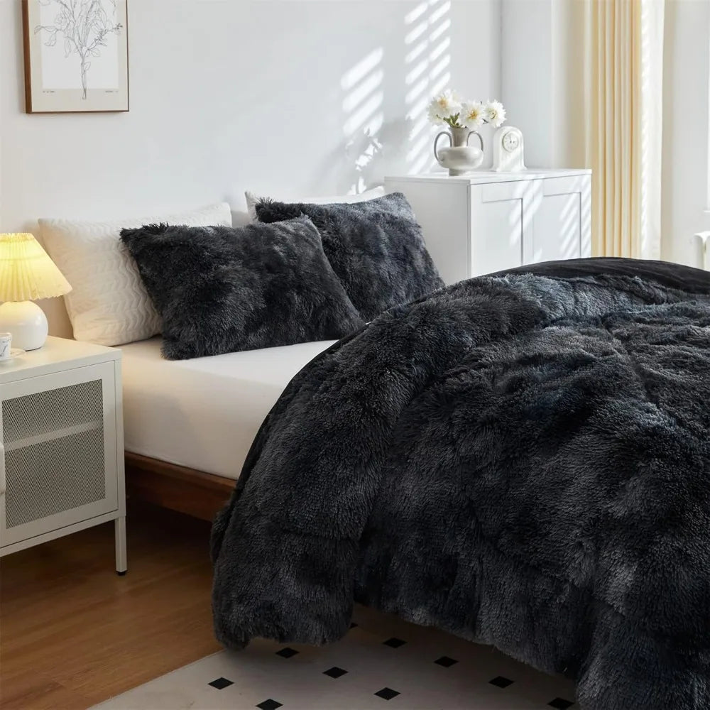Premium Embroidered Faux Fur Plush Comforter Set For Bedroom