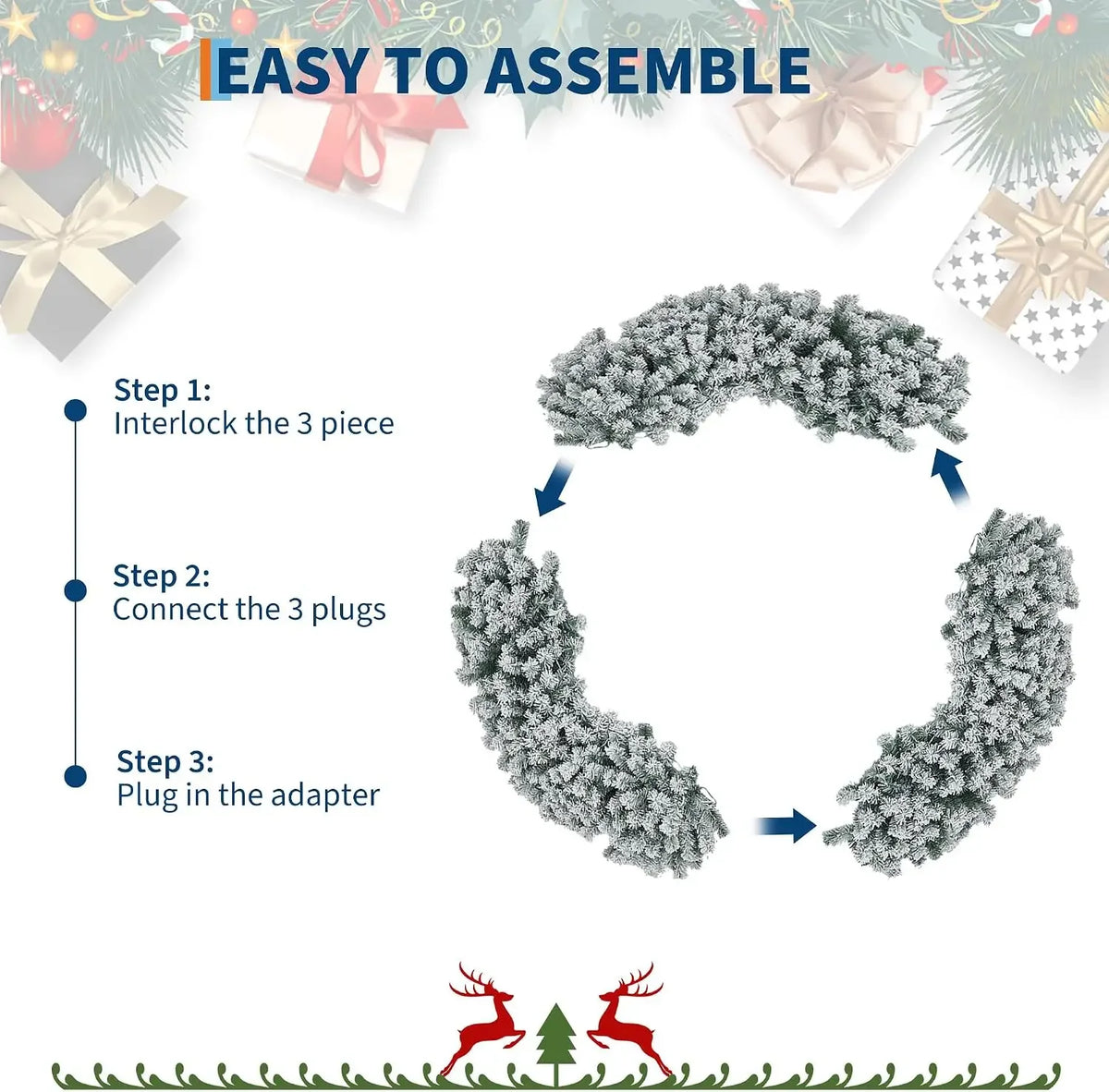 Garvee 48inch Pre-Lit Flocked Christmas Wreath with Red Bow & Warm White Lights Weather-Resistant PVC Holiday Door Decor for Indoor/Outdoor Use