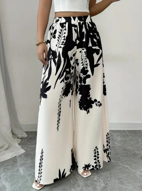 Women Floral Print Palazzo Pants Wide Leg High Waist Trousers