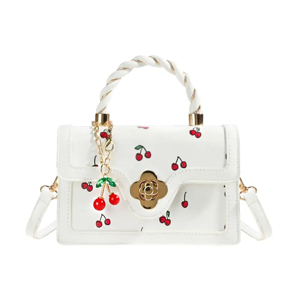 Women Mini Cherry Print Handbag Cute Twist Handle Crossbody Purse Flower Turn‑lock PU Leather Small Shoulder Bag With Cherry Pendant Removable Strap Fashion Daily Satchel Bag