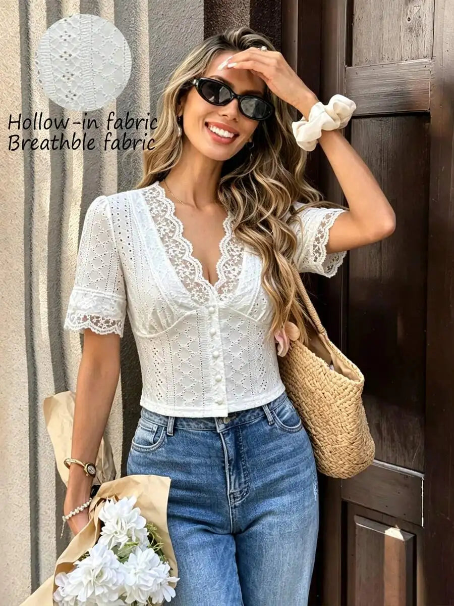 Womens French Style Solid Color Lace Patchwork Fitted Top
