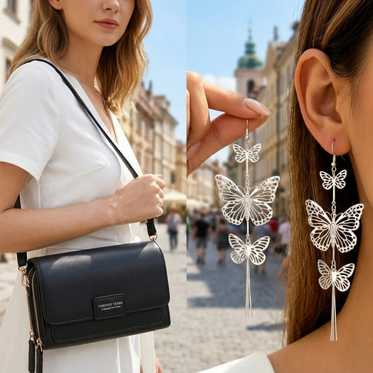 2PC(1PC Messenger Bag+1 Pair Earrings )Women's Small Shoulder Crossbody Bag and Elegant Long Drop Earrings,Hollow Butterfly Tassel Earrings,Bohemian Style, Mobile Phone Card Wallet Bag,Casual Handbag for Party Birthday,Daily