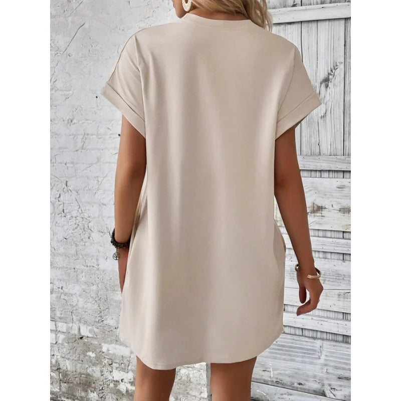 Women's Simple Solid Color Pocket Bat-Sleeve T-Shirt Dress, Summer Casual Round-Neck Short Dress with Rolled Sleeves, Casual Everyday Wear, Fashionable Women's Loose Dress, Apricot Color