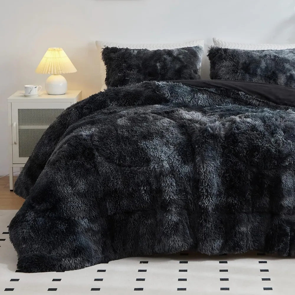 Premium Embroidered Faux Fur Plush Comforter Set For Bedroom