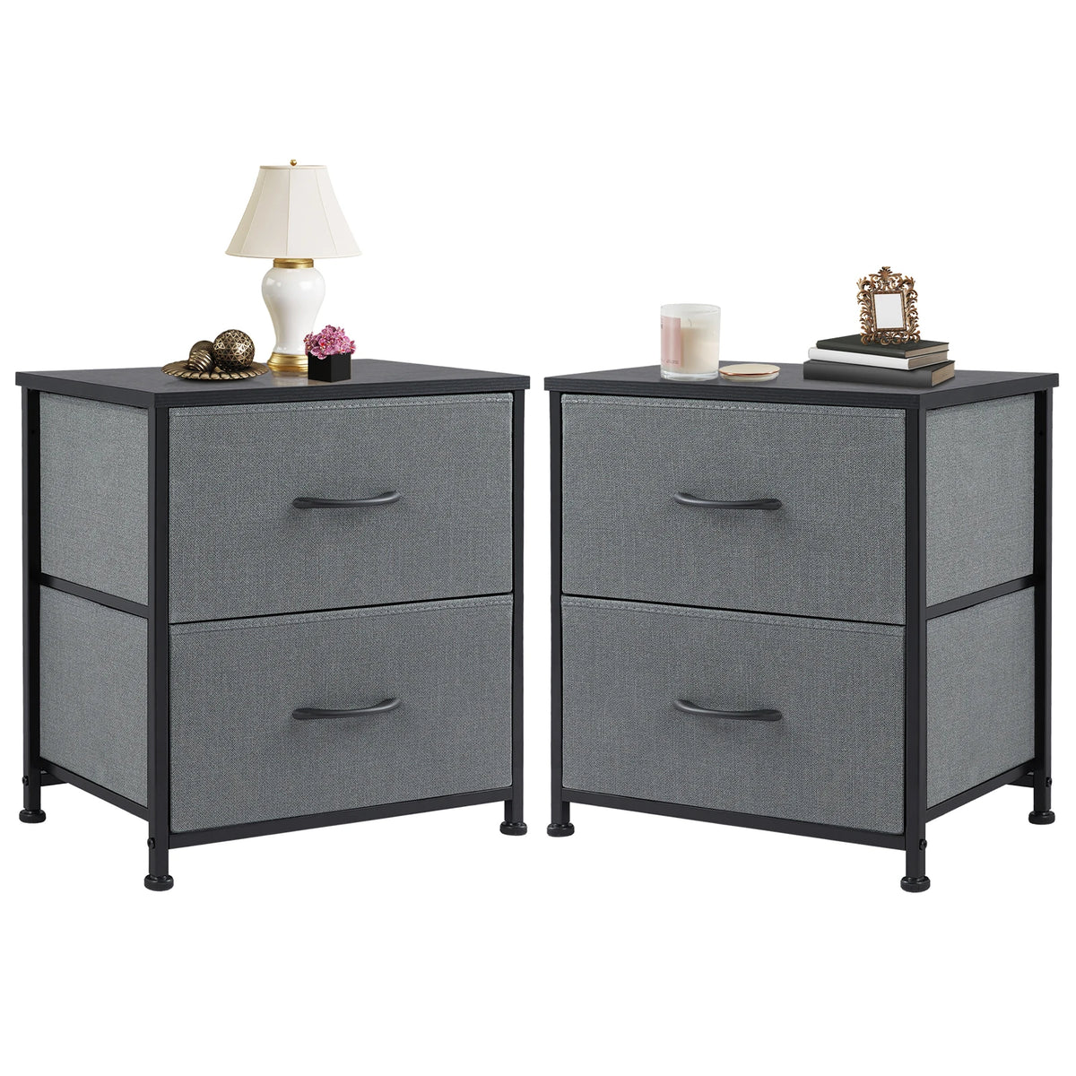 JHK Modern Metal Nightstand With Fabric Drawer Storage Cabinet