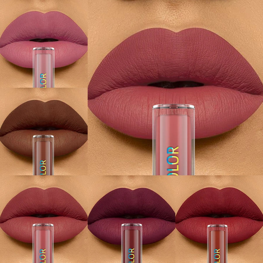 6pcs Different Colors Matte Lip Glaze Set Velvet Lip Gloss Waterproof Liquid Lipstick Nude Black Lips Tint Makeup Lip Glaze Cosmetics for Women Gifts Sexy Red Lip Stain Beauty