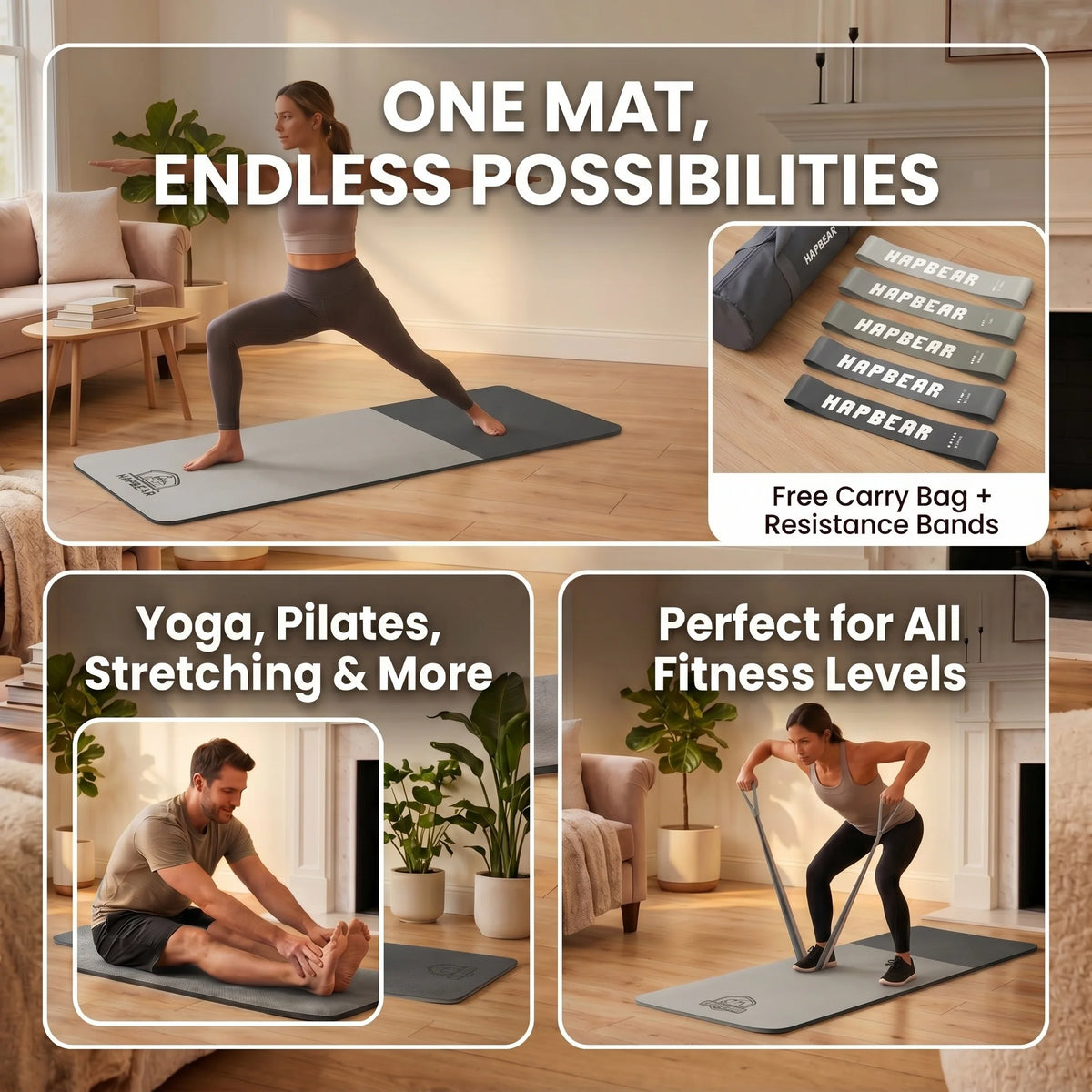 HAPBEAR Premium TPE Yoga Mat For Home Workout And Pilates