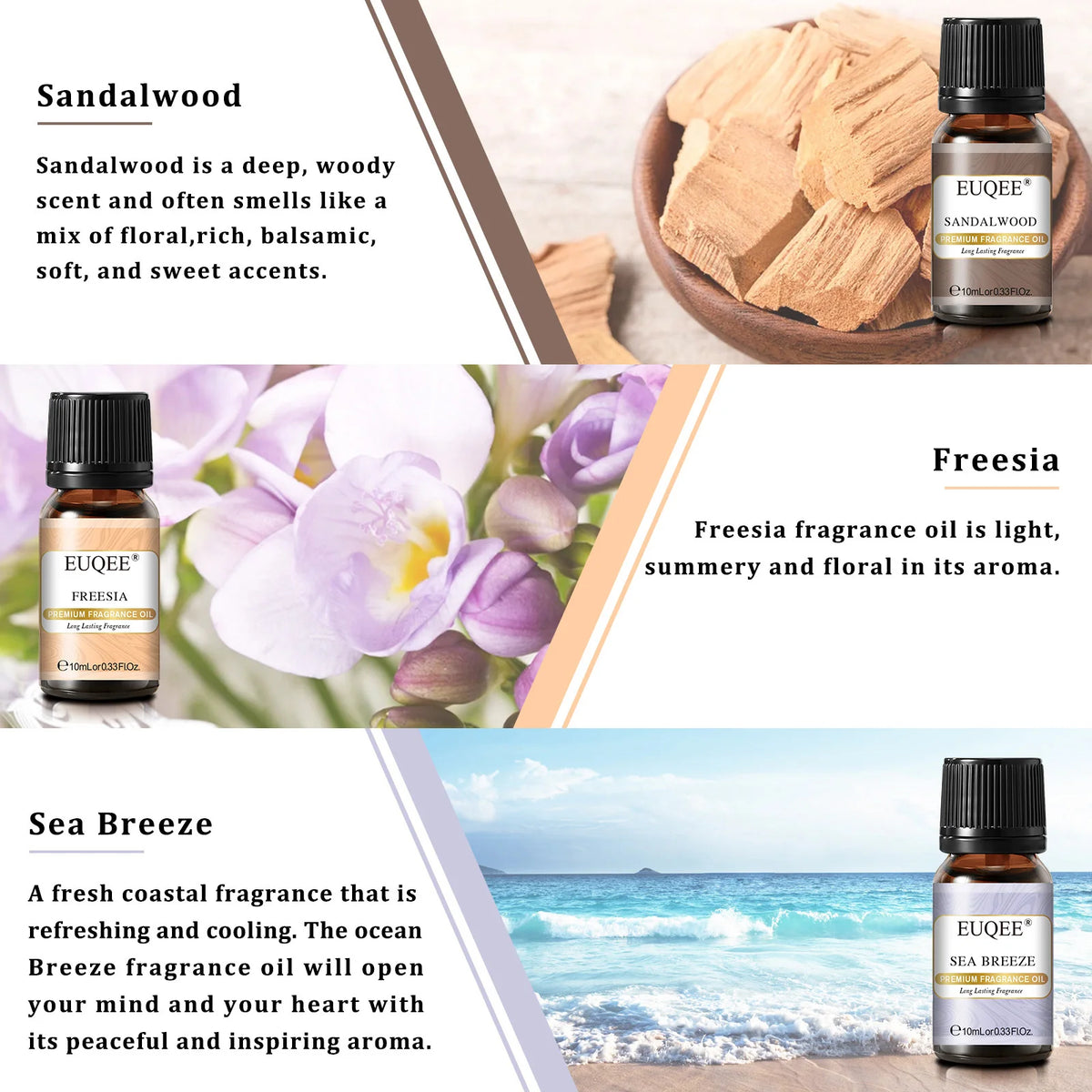 EUQEE 6 Bottle Fragrance Oils Gift Set For Soap Candle Making -10ml Freesia,Sea Breeze,Sandalwood,Cedarwood,Bamboo & Teak,Forest Pine Aroma Oil