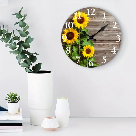 Rustic Sunflower-Themed Silent Wall Clock - Decorative Round Wooden Clock with Vibrant Floral Design, Quiet Operation for Home Decor & Gift, AA Battery Required (Not Included), Wall Clock Living Room