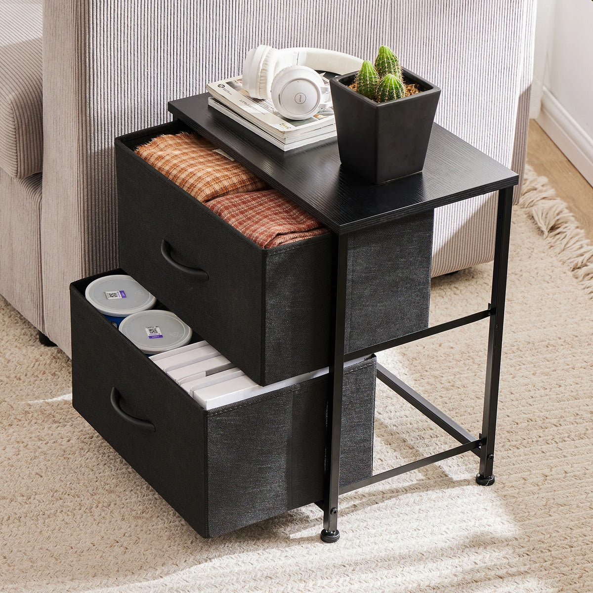 JHK Modern Metal Nightstand With Fabric Drawer Storage Cabinet