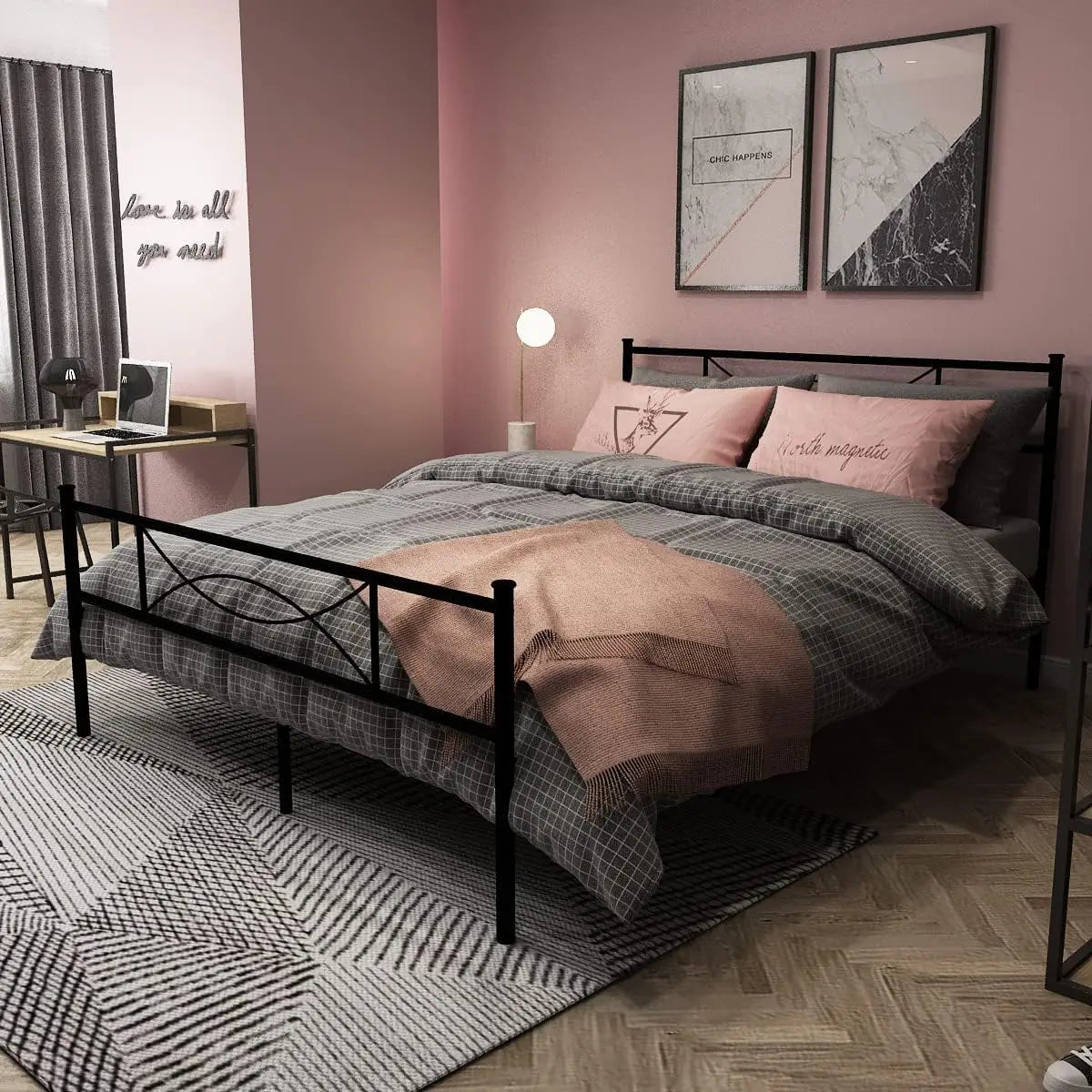 Contemporary Metal Platform Bed Frame With Modern Headboard Design