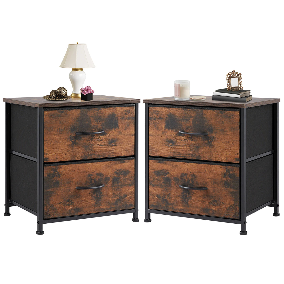 JHK Modern Metal Nightstand With Fabric Drawer Storage Cabinet