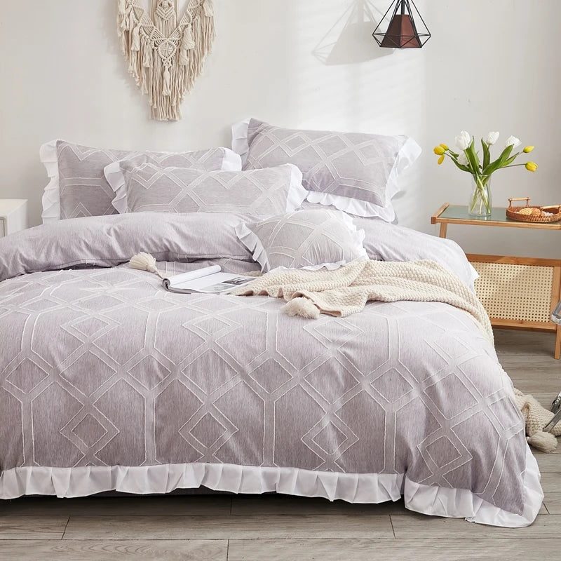 Luxo Premium Boho Flower Textured Ruffles Duvet Cover Set