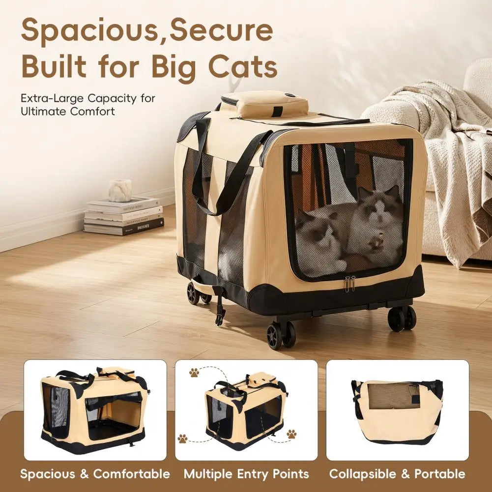 Rolling Cat Carrier, Extra Large Cat Carrier with Wheels, Pet Dog Carrier on Wheels, Travel Bag for Carrying Big Cats