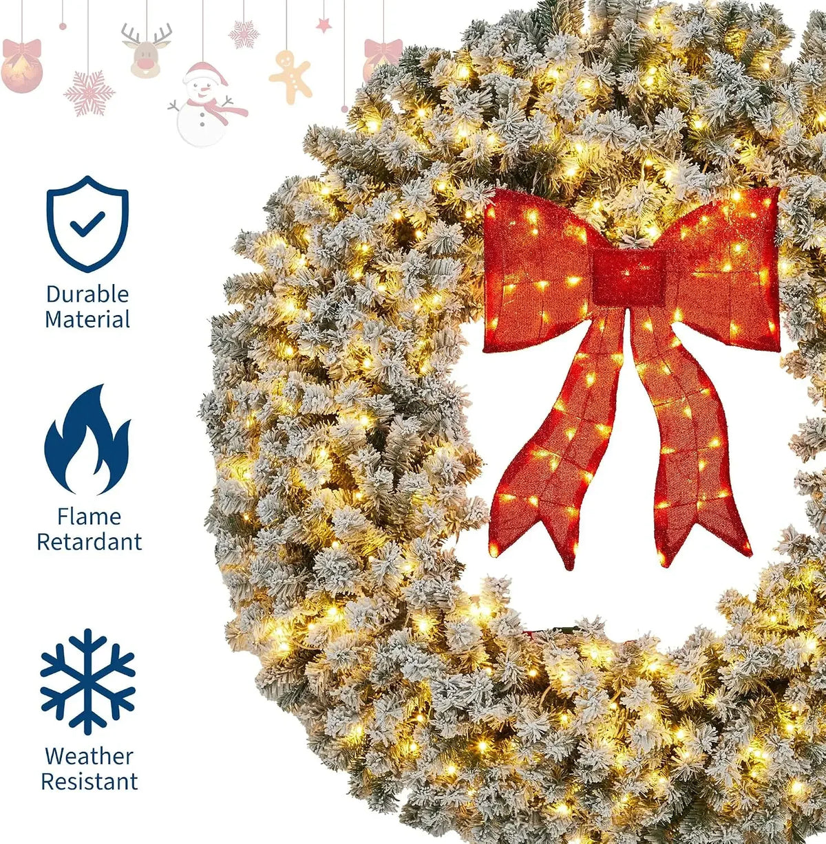 Garvee 48inch Pre-Lit Flocked Christmas Wreath with Red Bow & Warm White Lights Weather-Resistant PVC Holiday Door Decor for Indoor/Outdoor Use