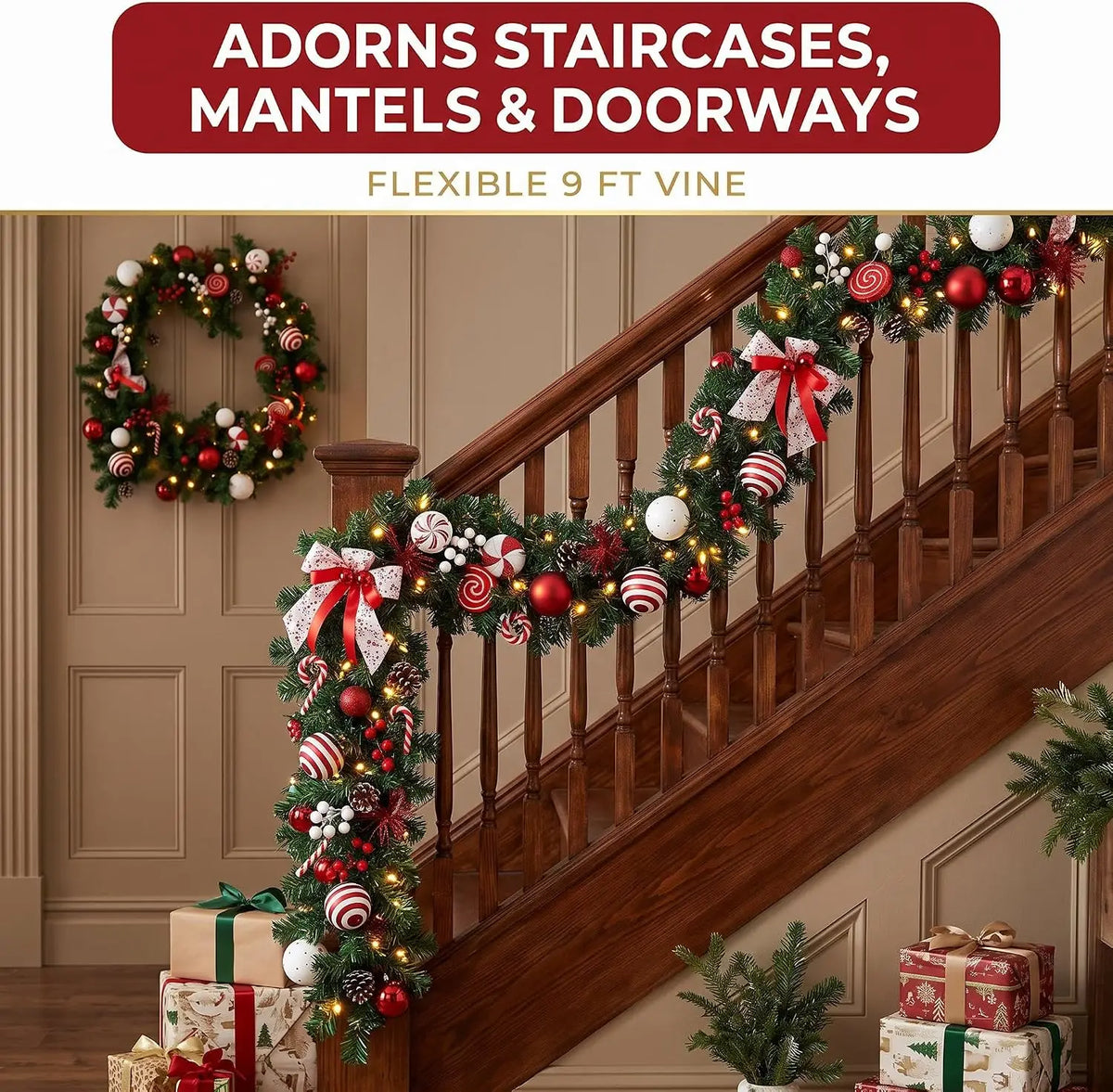 6/9ft Christmas Garland Wreath Artificial Pine with Pinecones and Berries Xmas Tree Hanging Ornaments for Home Outdoor Yard Party Door Fireplace Stair Decoration