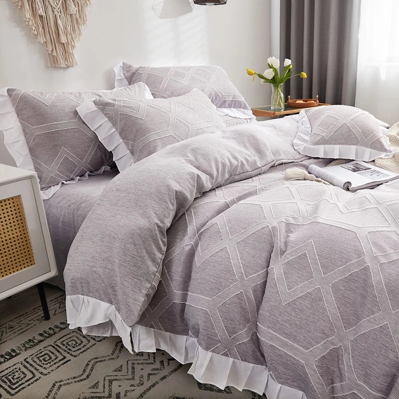 Luxo Premium Boho Flower Textured Ruffles Duvet Cover Set
