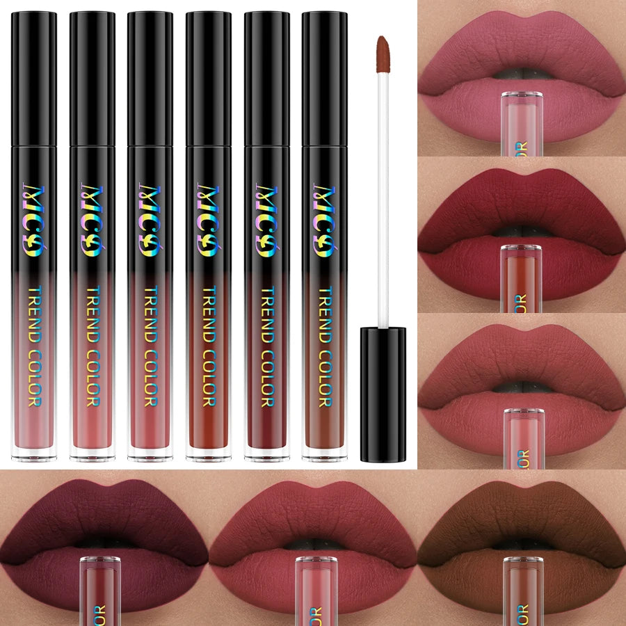 6pcs Different Colors Matte Lip Glaze Set Velvet Lip Gloss Waterproof Liquid Lipstick Nude Black Lips Tint Makeup Lip Glaze Cosmetics for Women Gifts Sexy Red Lip Stain Beauty