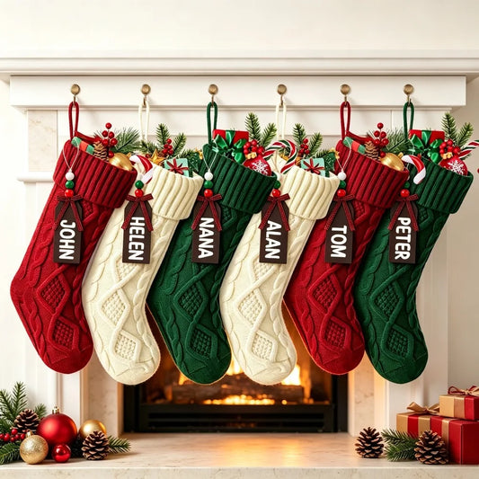 Personalized Cable Knit Cotton Christmas Stockings With Wooden Name Tags