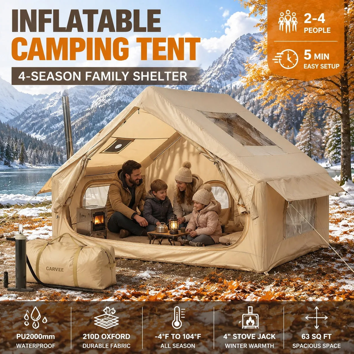 Inflatable Camping Air Tent Family Waterproof Stove Jack Hand Pump