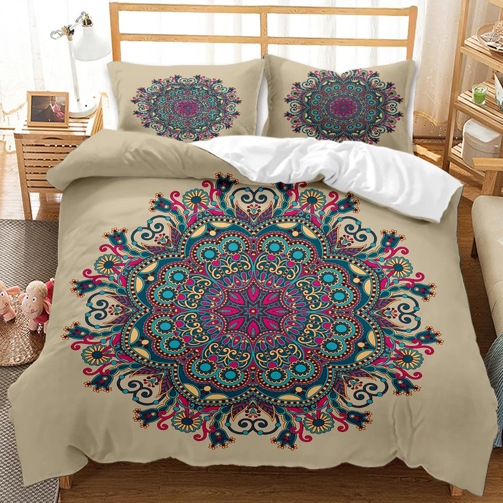 Bohemian Mandala Microfiber Duvet Cover Set Featuring Brushed Finish