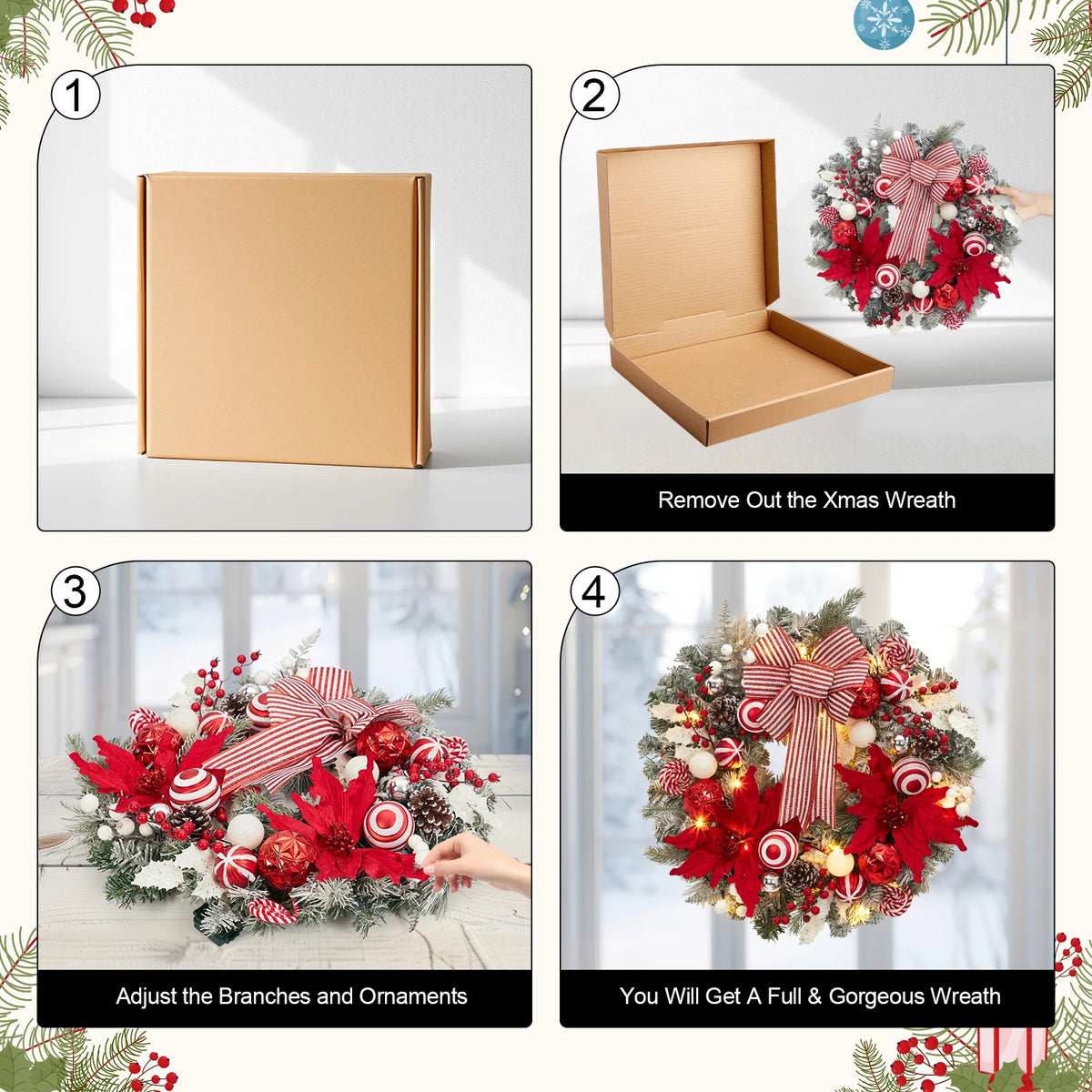 24" Pre-Lit Christmas Wreath, Artificial Flocked Garland with Red Bow, Poinsettias, Ball Ornaments, Pinecones & 8 Modes LED Lights for Front Door, Fireplace, Wall & Window Decor