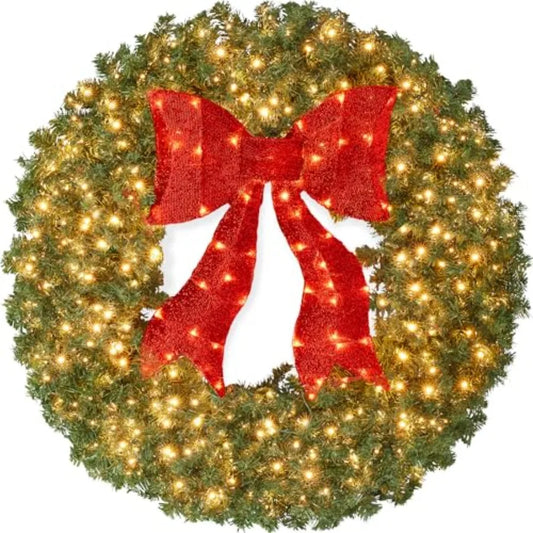 Pre Lit Artificial Christmas Wreath With LED Lights And Bow
