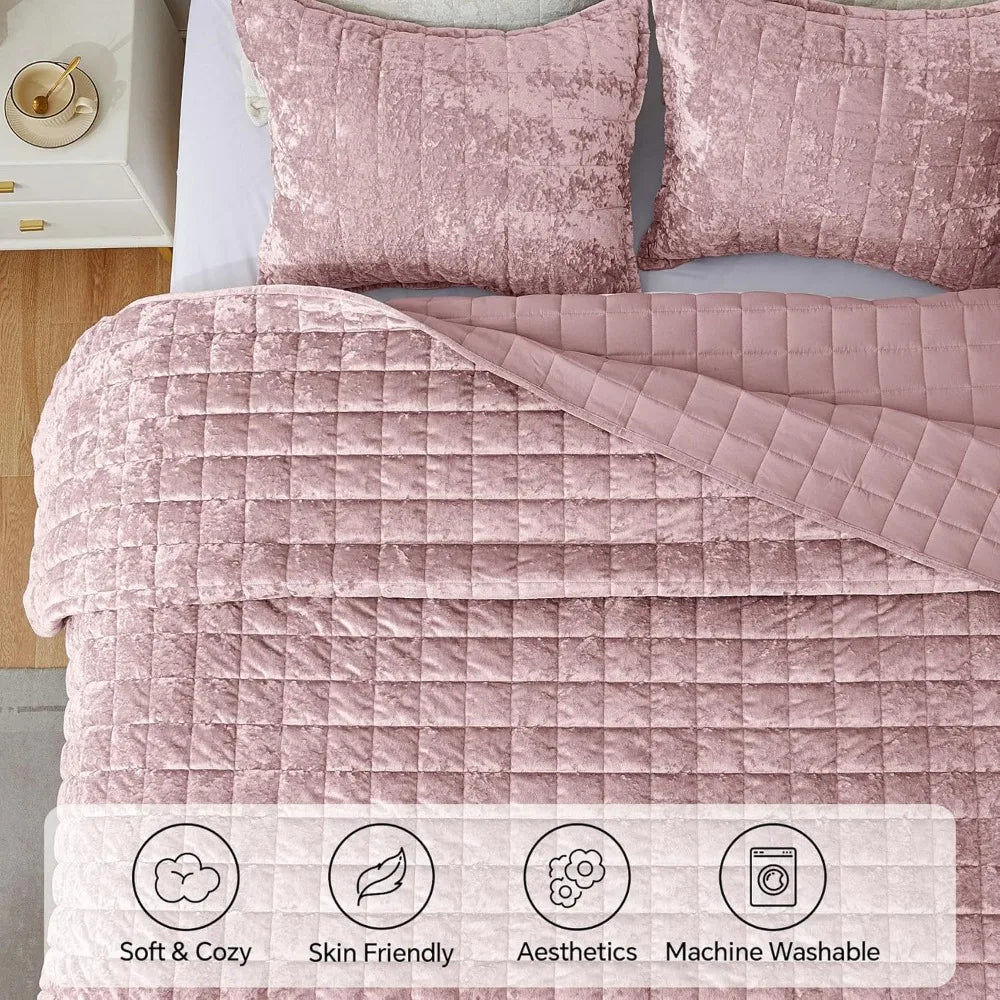 Luxury Velvet Quilt Set Three Piece Embroidered Comforter Ensemble