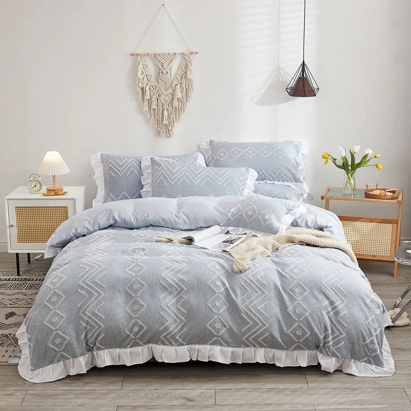 Luxo Premium Boho Flower Textured Ruffles Duvet Cover Set