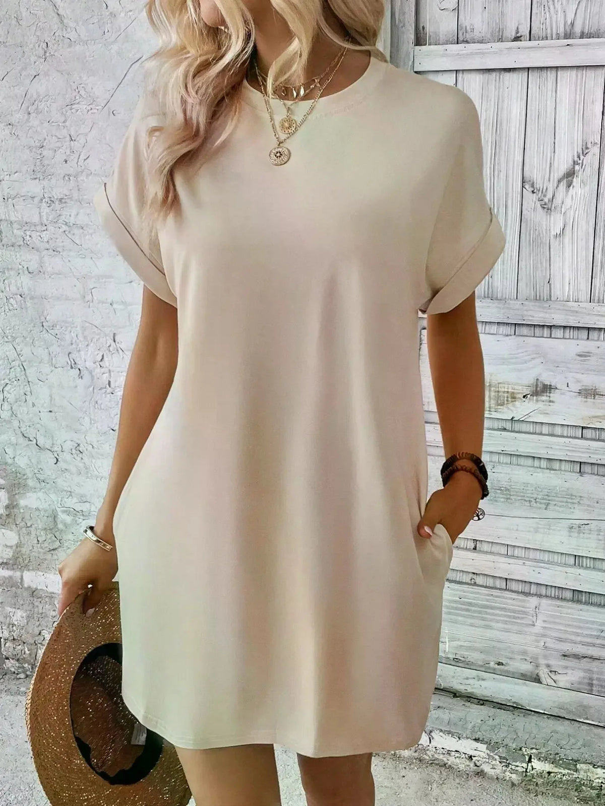 Women's Simple Solid Color Pocket Bat-Sleeve T-Shirt Dress, Summer Casual Round-Neck Short Dress with Rolled Sleeves, Casual Everyday Wear, Fashionable Women's Loose Dress, Apricot Color