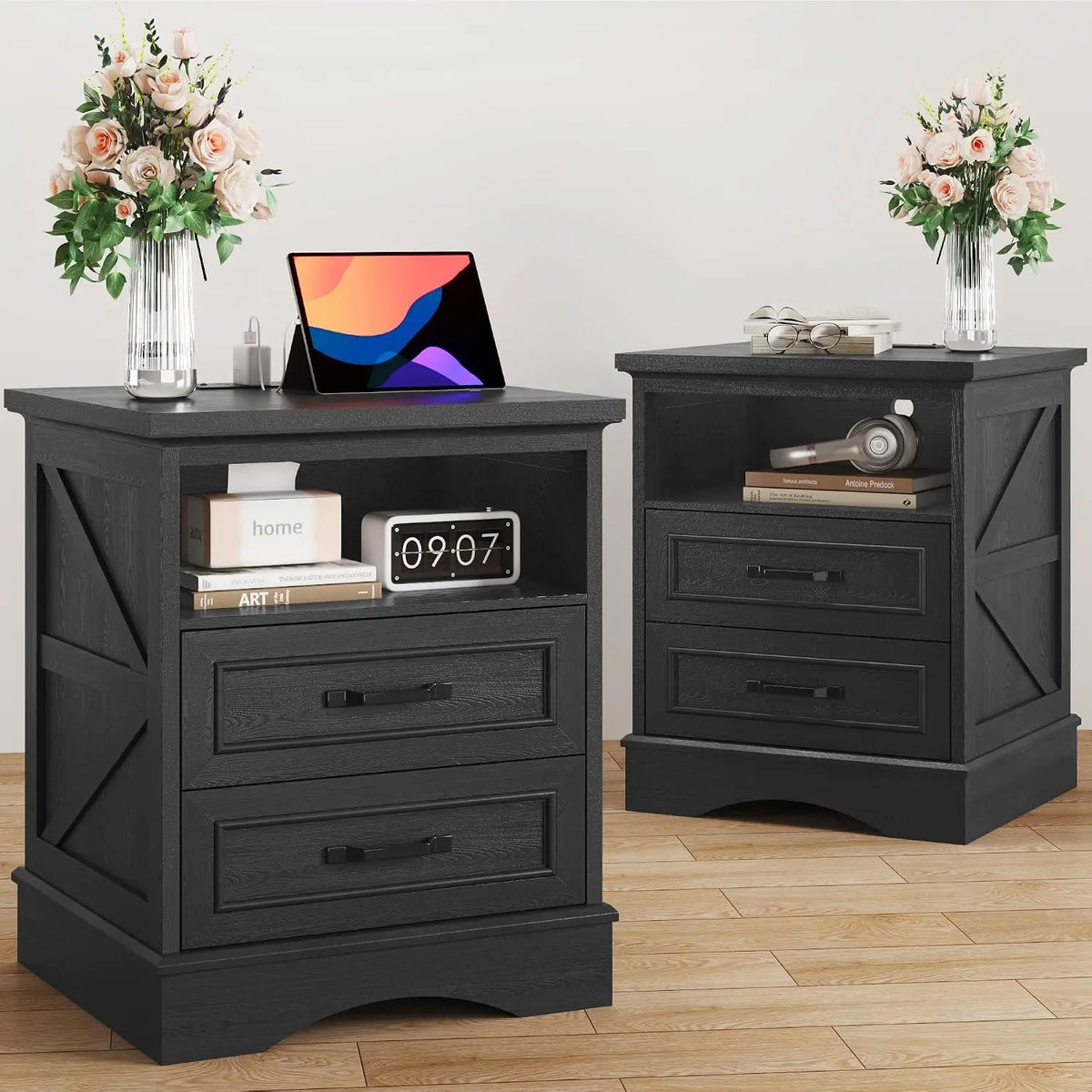 Farmhouse Nightstands Set With Drawers And Fast Charging Station