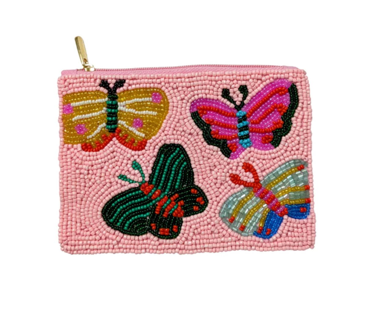 Handmade Beaded Coin Purse Pink Base Multi Butterfly Zipper Small Pouch Women Mini Wallet for Coins Lipstick Gift