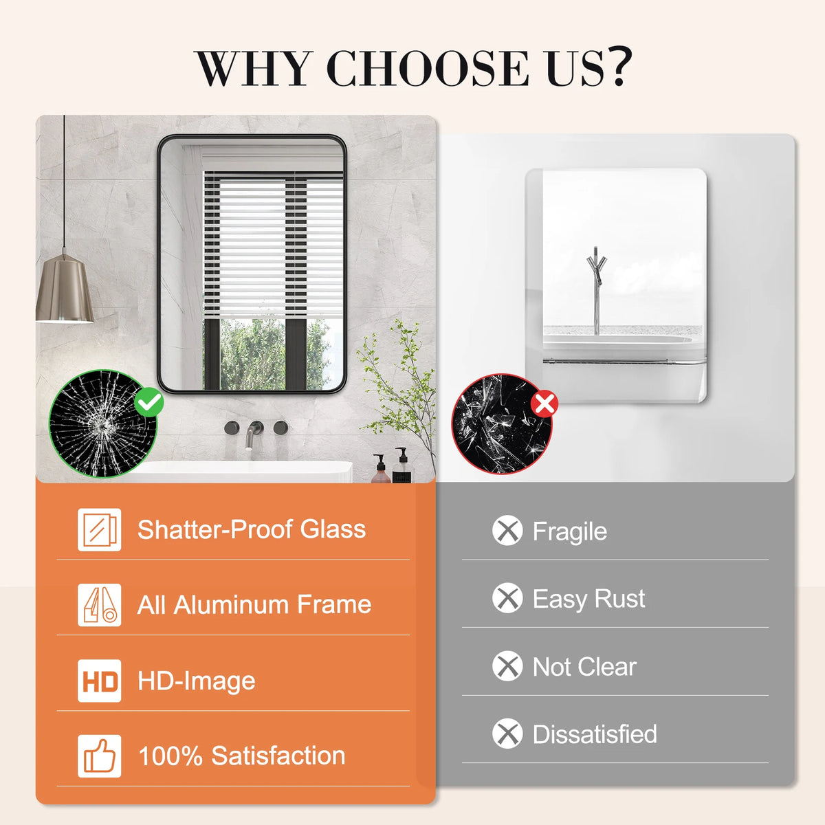 JHK Matte Metal Framed Wall Mounted Bathroom Mirror