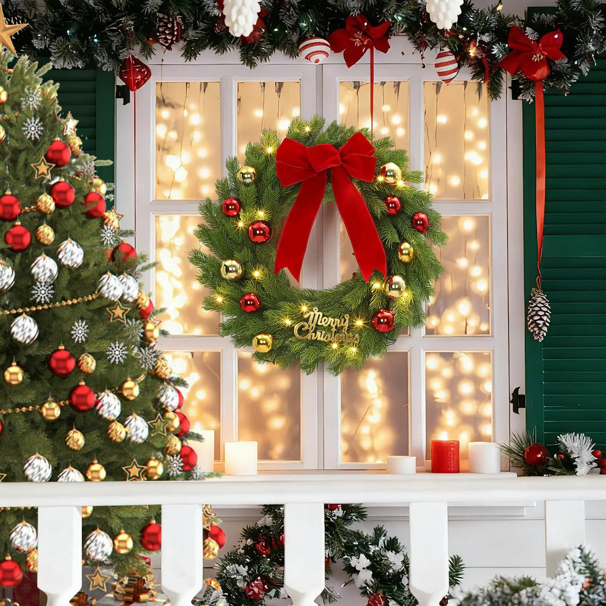 Garvee 24 Inch Christmas Wreath with 8-Function Timer and Battery Operated Artificial Holiday Door Wreath for Indoor & Outdoor New Year Party Xmas Decor