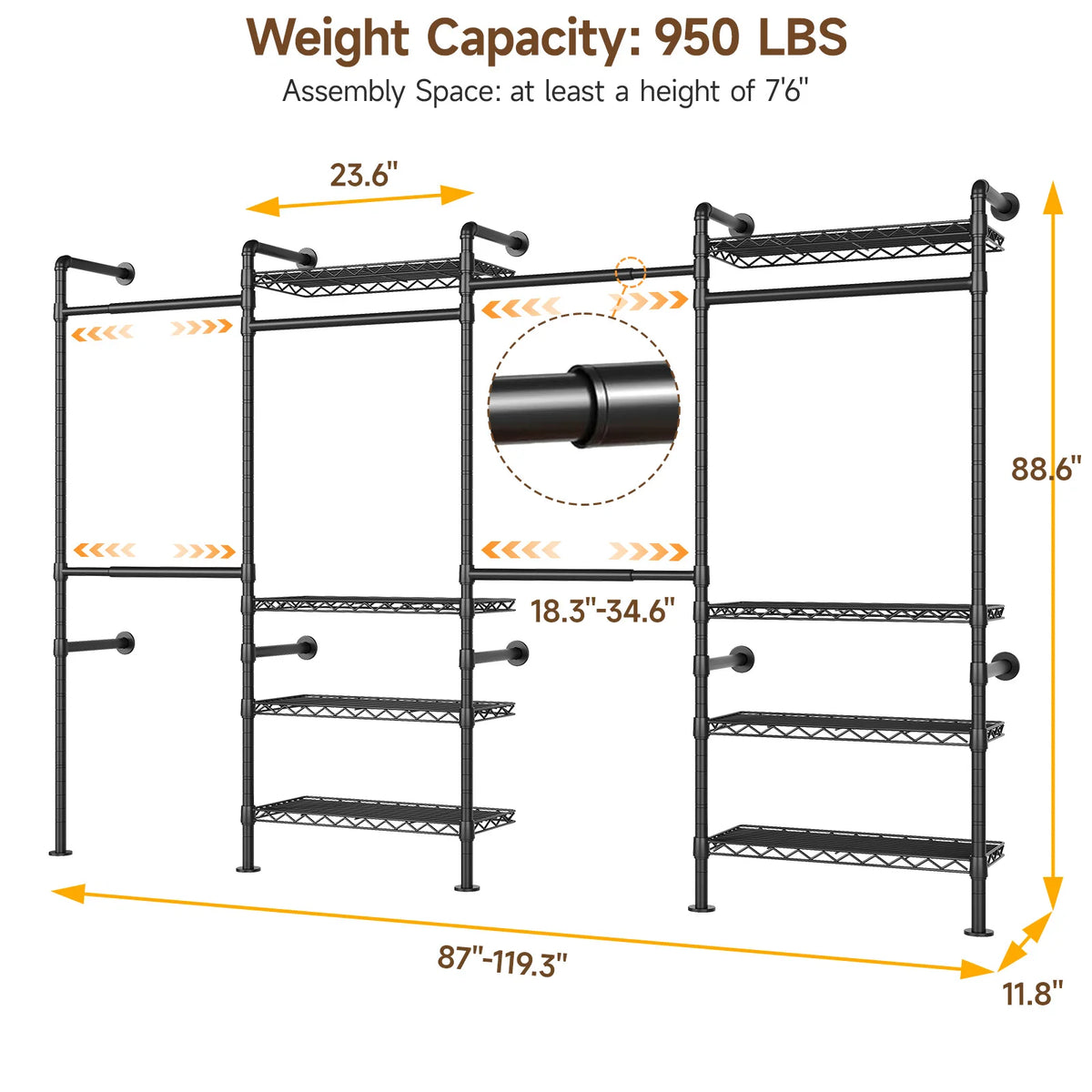 Onbrill Wall Mounted Industrial Pipe Clothes Rack Expandable Closet Organizer