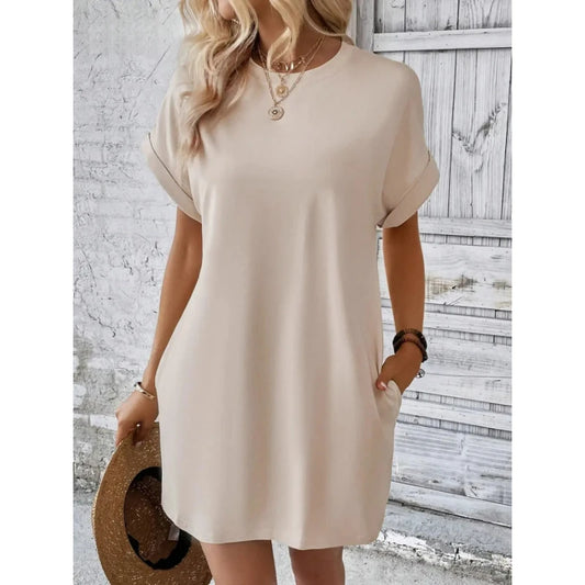 Women's Simple Solid Color Pocket Bat-Sleeve T-Shirt Dress, Summer Casual Round-Neck Short Dress with Rolled Sleeves, Casual Everyday Wear, Fashionable Women's Loose Dress, Apricot Color