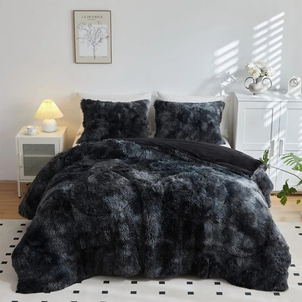 Premium Embroidered Faux Fur Plush Comforter Set For Bedroom