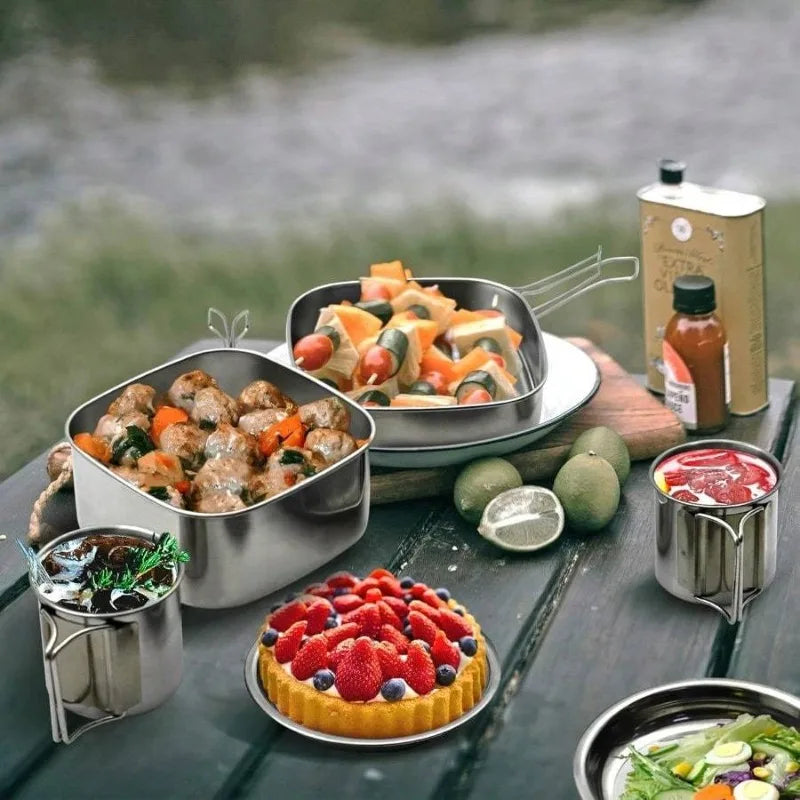 Folding Stainless Steel Camping Cookware Set With Carry Bag