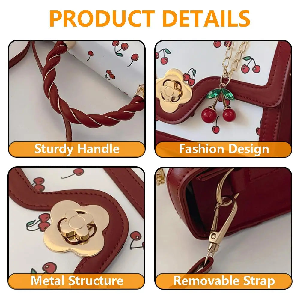 Women Mini Cherry Print Handbag Cute Twist Handle Crossbody Purse Flower Turn‑lock PU Leather Small Shoulder Bag With Cherry Pendant Removable Strap Fashion Daily Satchel Bag
