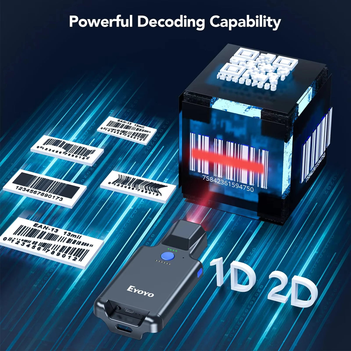 Eyoyo EY 036 Portable Bluetooth 1D 2D Barcode Scanner