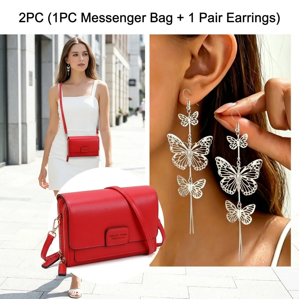 2PC(1PC Messenger Bag+1 Pair Earrings )Women's Small Shoulder Crossbody Bag and Elegant Long Drop Earrings,Hollow Butterfly Tassel Earrings,Bohemian Style, Mobile Phone Card Wallet Bag,Casual Handbag for Party Birthday,Daily