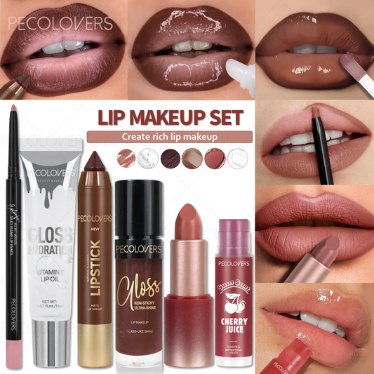 6PCS/Set Lip Makeup Set, Matte Lip Liner & Moisturizing Transparent Lip Oil & Lip Liner Lipstick Pen & Moisturize Lip Gloss & Red Nude Lipstick & Fruit Cherry Flavored Lip Balm, Create Rich Lip Makeup