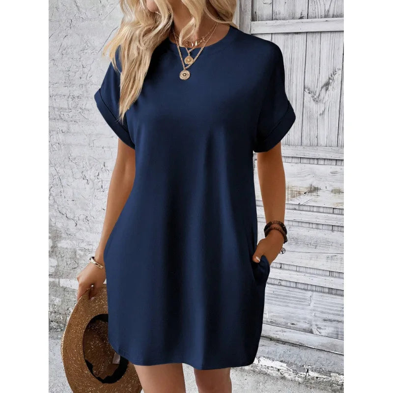 Women's Simple Solid Color Pocket Bat-Sleeve T-Shirt Dress, Summer Casual Round-Neck Short Dress with Rolled Sleeves, Casual Everyday Wear, Fashionable Women's Loose Dress, Apricot Color