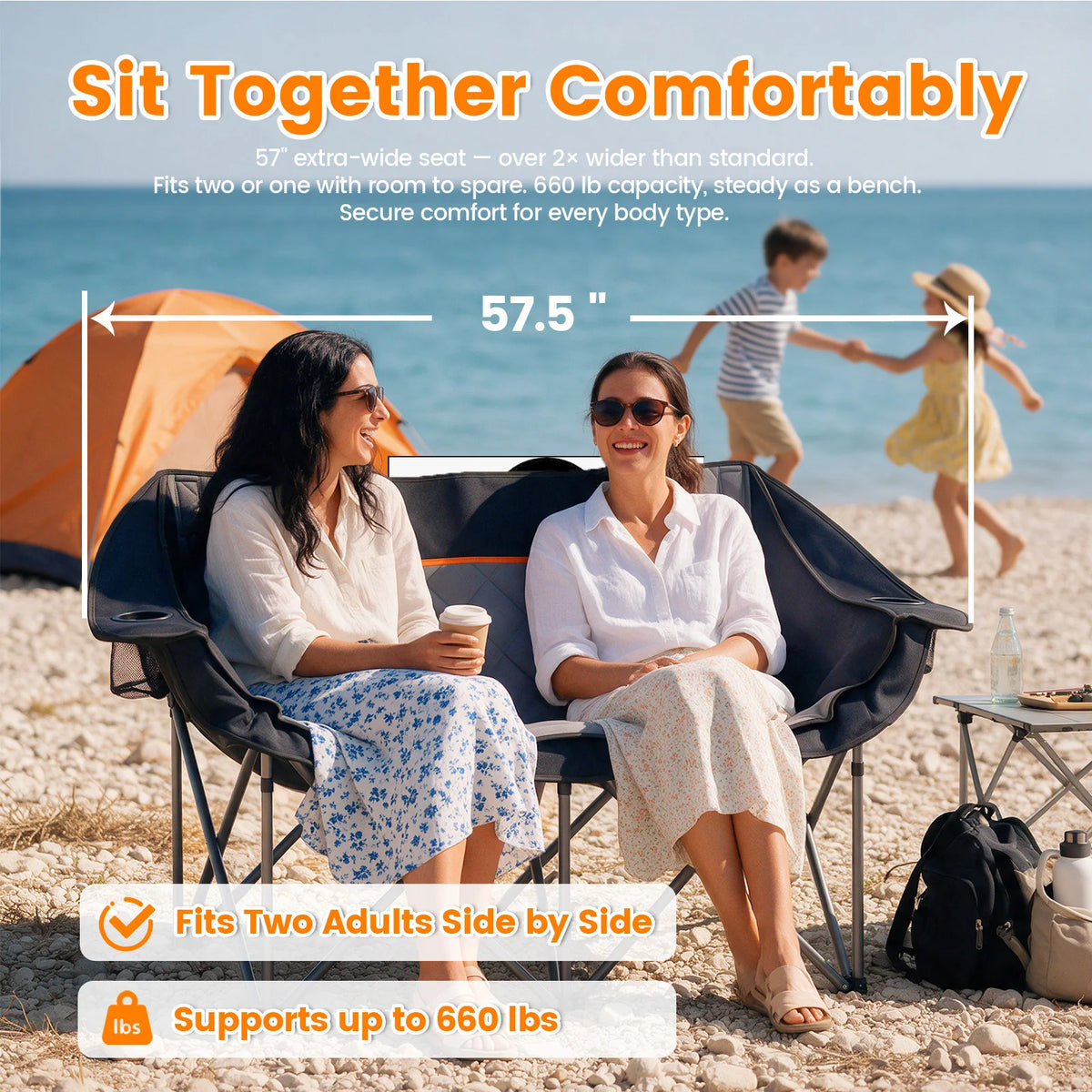 Heavy Duty Double Folding Camping Chair With Cup Holder Storage