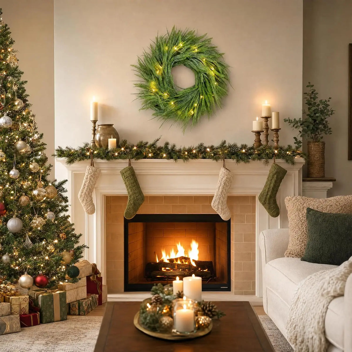 Garvee 24 Inch Christmas Wreath with 8-Function Timer and Battery Operated Artificial Holiday Door Wreath for Indoor & Outdoor New Year Party Xmas Decor