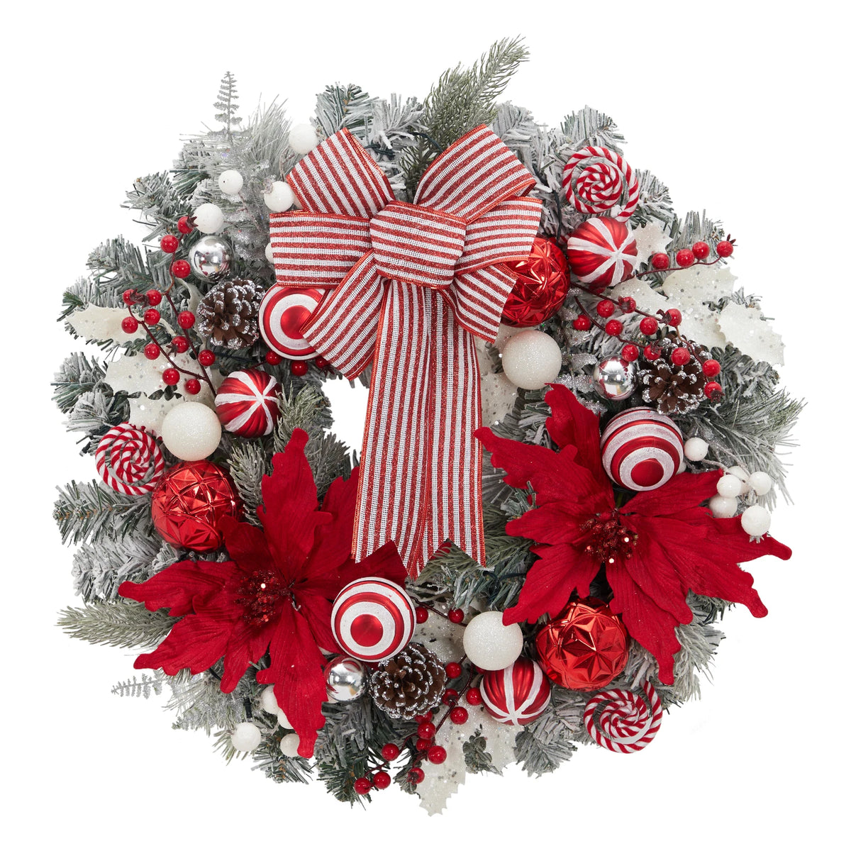 24" Pre-Lit Christmas Wreath, Artificial Flocked Garland with Red Bow, Poinsettias, Ball Ornaments, Pinecones & 8 Modes LED Lights for Front Door, Fireplace, Wall & Window Decor