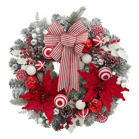 24" Pre-Lit Christmas Wreath, Artificial Flocked Garland with Red Bow, Poinsettias, Ball Ornaments, Pinecones & 8 Modes LED Lights for Front Door, Fireplace, Wall & Window Decor